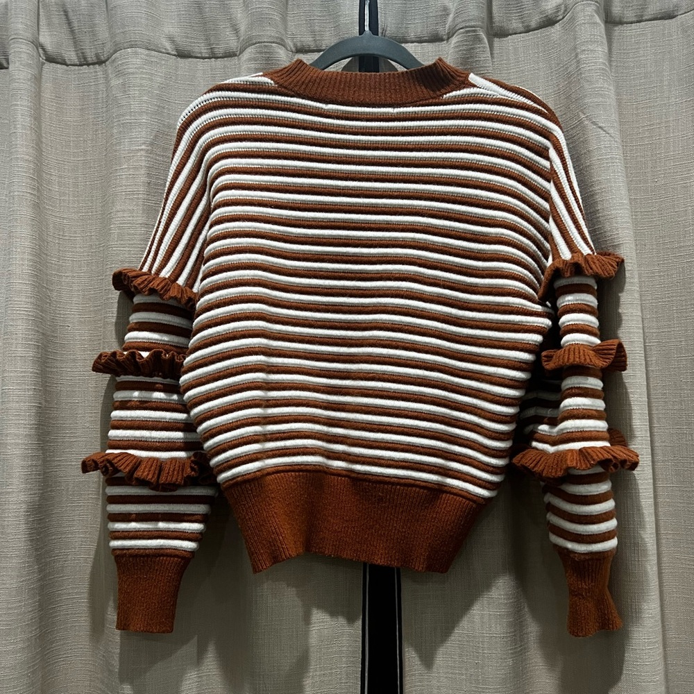 English Factory rust white striped ruffle sweater medium